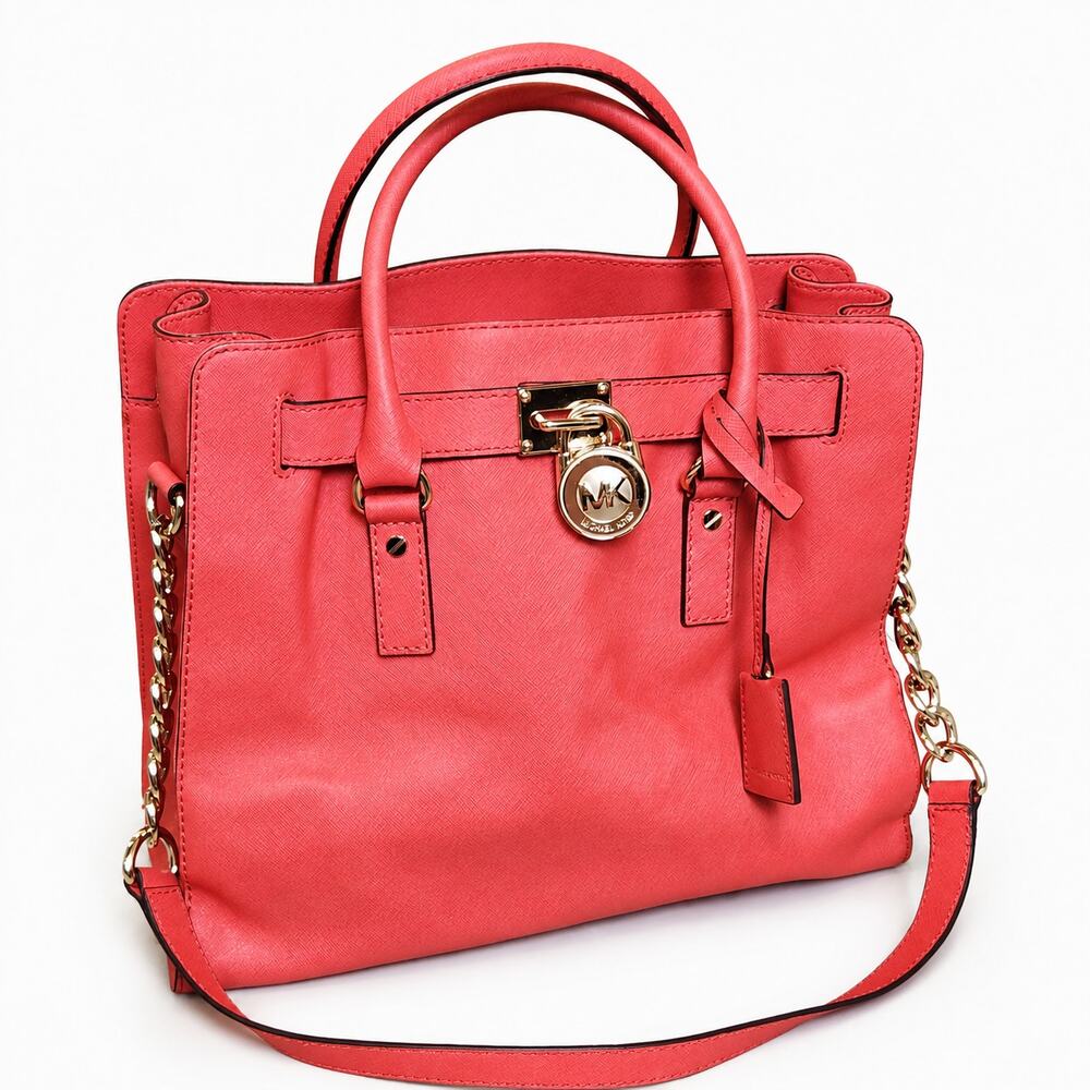 Michael Kors Hamilton Coral Saffiano Leather Satchel Gold Lock